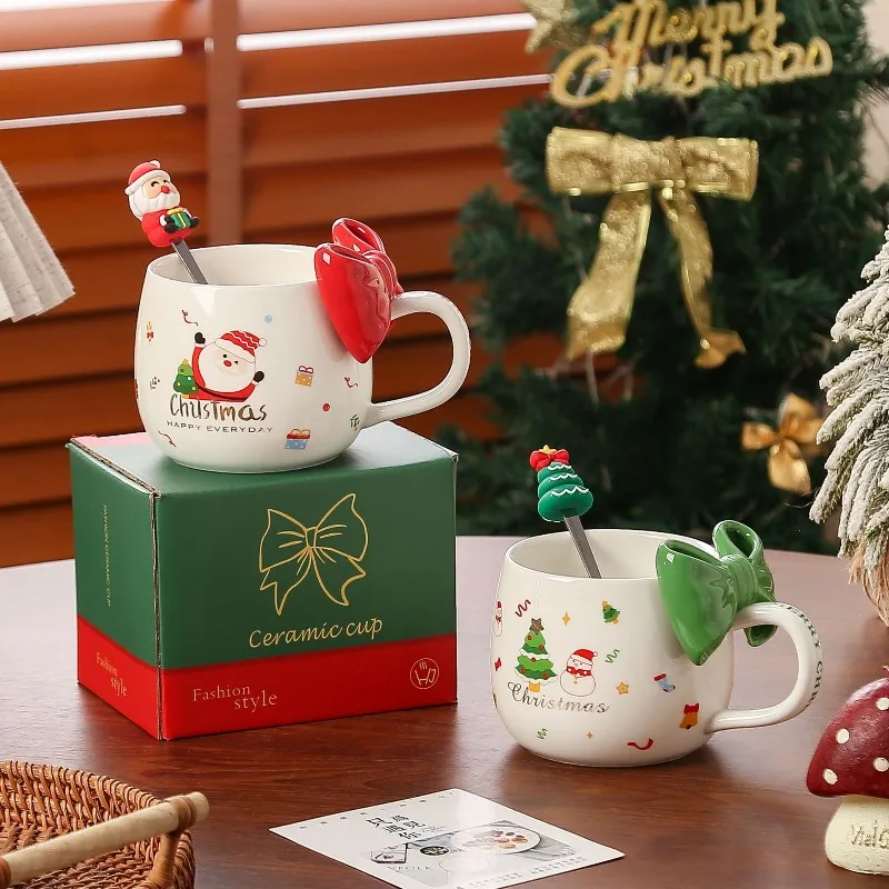 2026 Hot Christmas Ceramic Cup Cute Bow Makeup Coffee Cup Home Office Christmas Gift High Beauty Water Cup Handheld Gift