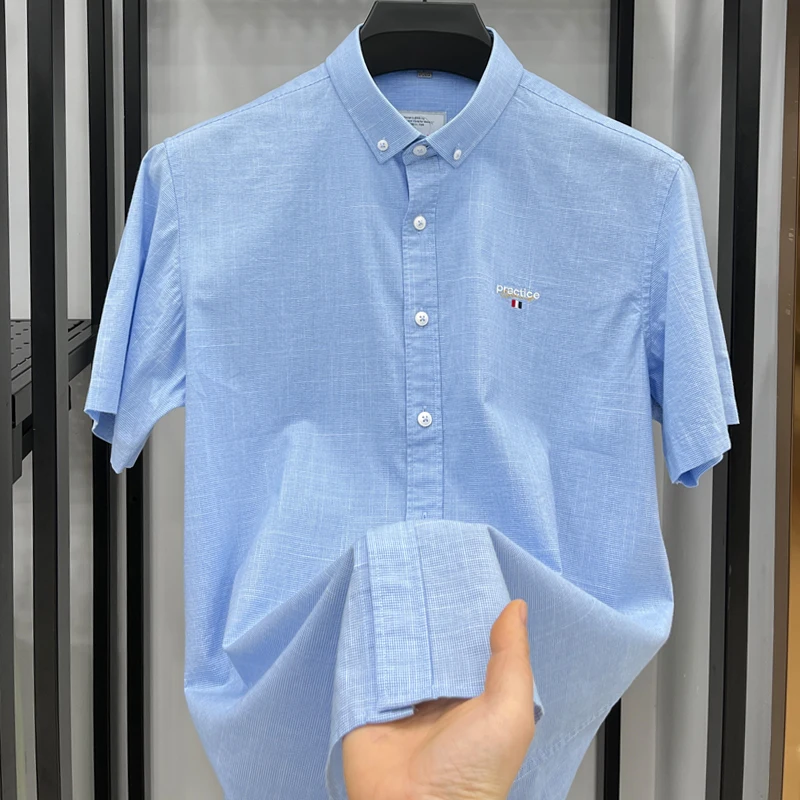 100%Cotton High Grade Men's Shirts Lapel Embroid Plaid European Trend Fashion Casual Versatile Shirt Summer New Trend Menswear