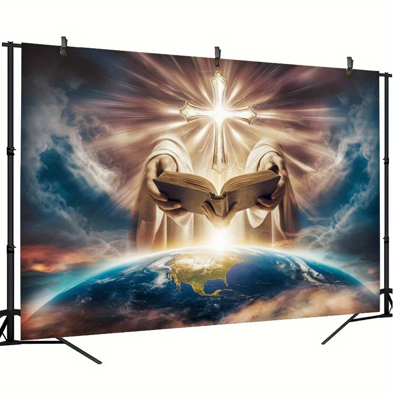Divine Christian Tapestry Religious Cross Bible Earth Globe Spiritual Inspirational Wall Hanging Decor Curtain Fabric Art Gift
