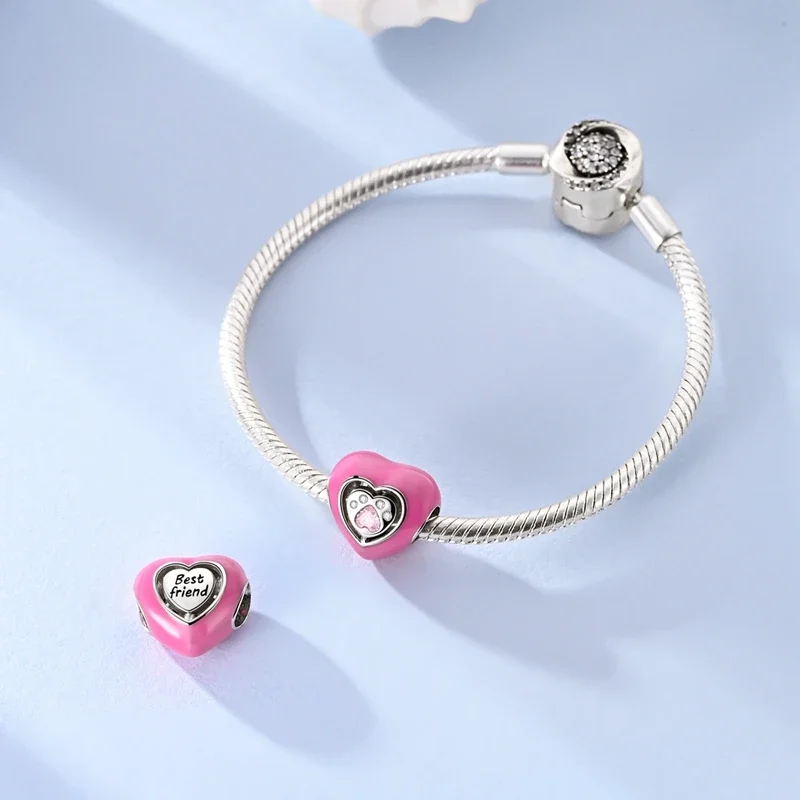 الأصلي سحر 925 الفضة لطيف الوردي على شكل قلب القط باو الخرز صالح سحر بلاتا 925 أساور للنساء صنع المجوهرات الهدايا #1