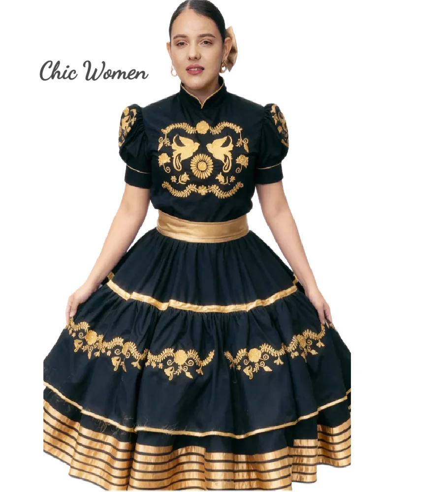 Mexican Folkloric Black Quinceanera Dresses Embroidery Vestidos De 15 Xv Años High Neck Short Sleeve Escaramuza Charro Attire