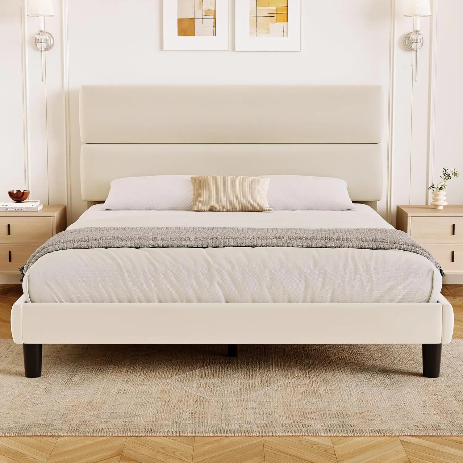 

GRUSIGN Queen Size Platform Bed Frame with Velvet Headboard, Adjustable Height Wooden Slats Support, Upholstered Mattress Founda