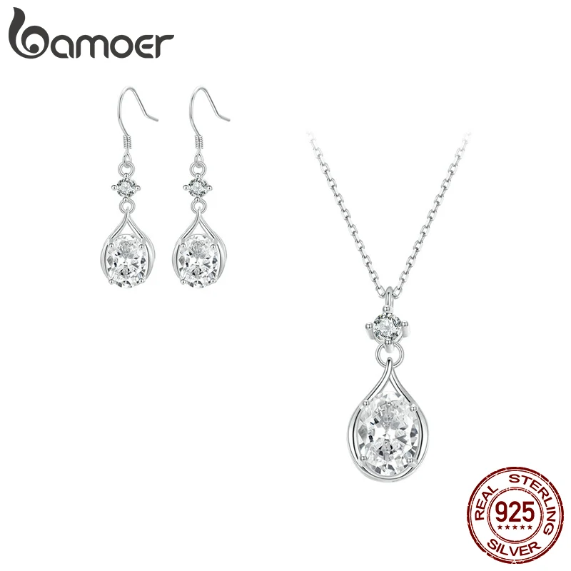 Bamoer Original 925 Sterling Silver Simple Water droplet Earrings Necklace Set CZ White Gold For Women Wedding Gift Fine Jewelry