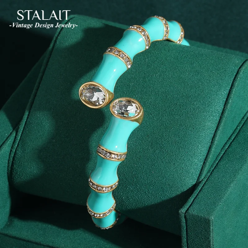 

Винтажные сине-зеленые эмалированные браслеты из змеиной кости, очаровательные бамбуковые браслеты ручной работы с кристаллами золотого цвета, антикварные ювелирные изделия для женщин