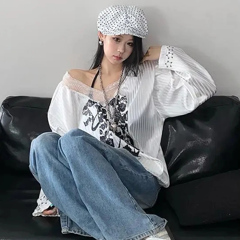 American Street Satin Tee Women V Neck Lace Patchwork T Shirt Loose Casual Long Sleeve Lazy Hiphop Top Lightweight Sports Jersey