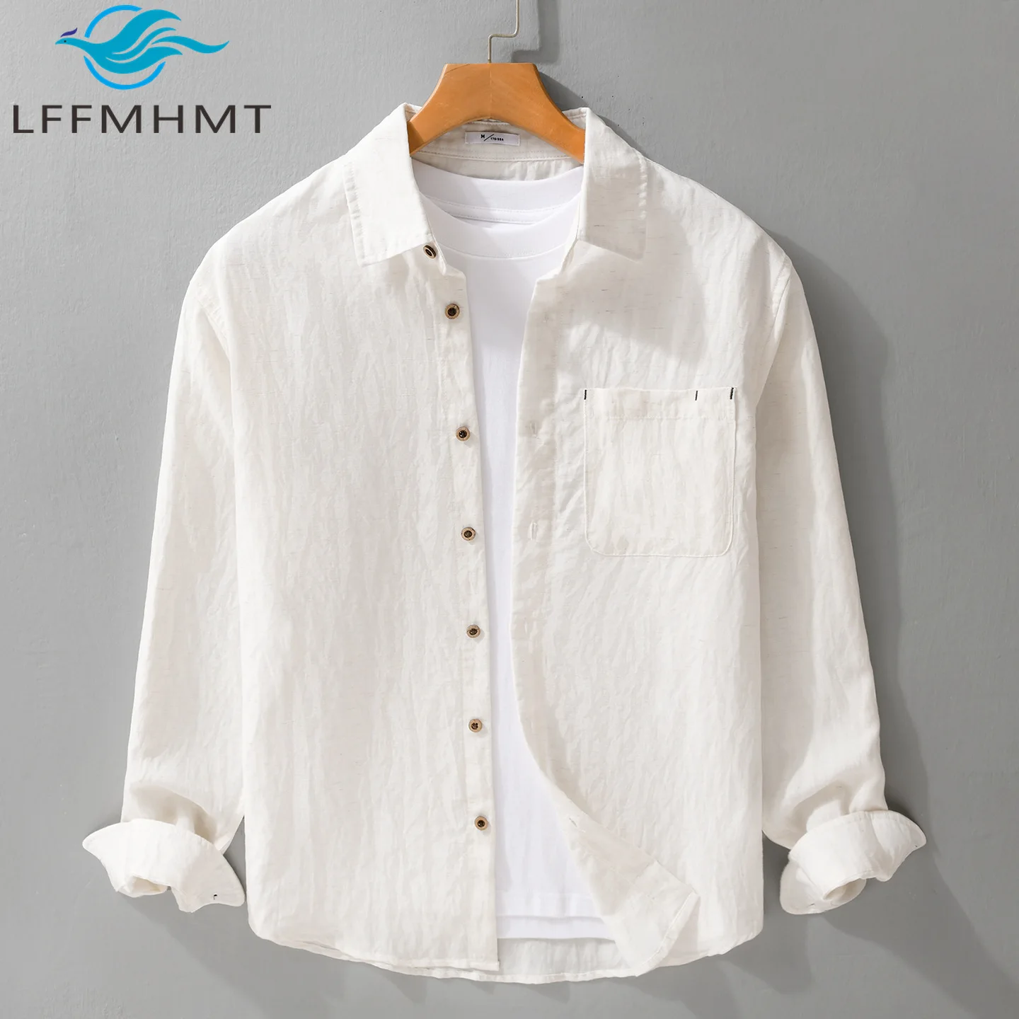 Men's Long Sleeve 6% Linen Shirt Solid Color Basic Casual Lightweight Breathable Tops for Spring Autumn Streetwear