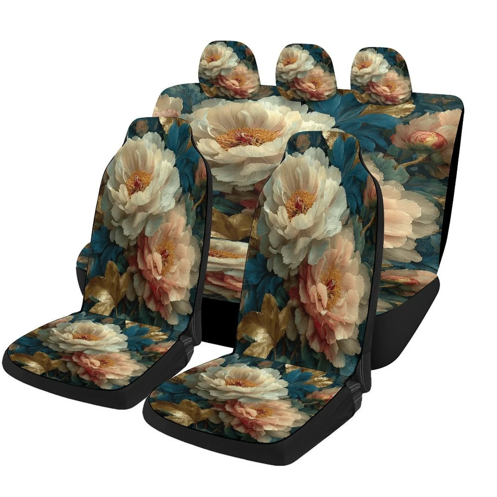 Set Of Car Seat Covers Featuring Peony Blossoms, Suitable For A Variety Of Vehicles. Stylish And Unique, This Complete Set Inclu