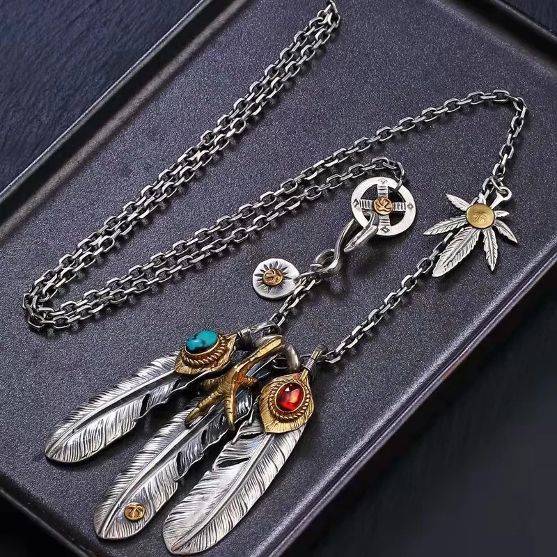 

Chain Suit Necklace Retro Turquoise Feather Pendant Necklace Men Women Vintage Long Sweater Chain Fashion Jewelry