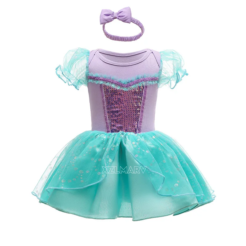 Fancy Fairy Baby Romper Elsa Ariel Belle Rapunzel Princess Costume 1 Year Birthday Tutu Dress Lace Headband Christening Baptism