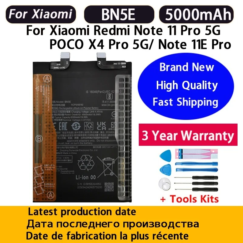 BN5E Battery 5000mAh For Xiaomi POCO X4 PRO/Redmi Note 11 Pro/11E Pro 5G Phone Batteries Bateria Batterij+Tools Fast Shipping