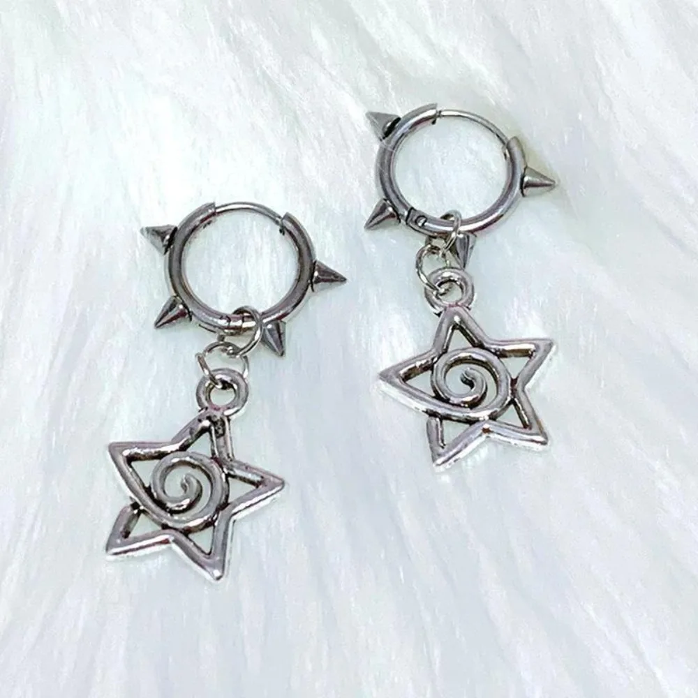 Punk Sliver Color Stainless Steel Hollowed-out Five-pointed Star Rivets Spike Ball Pendant Hoop Earrings for Women Men Jewelry