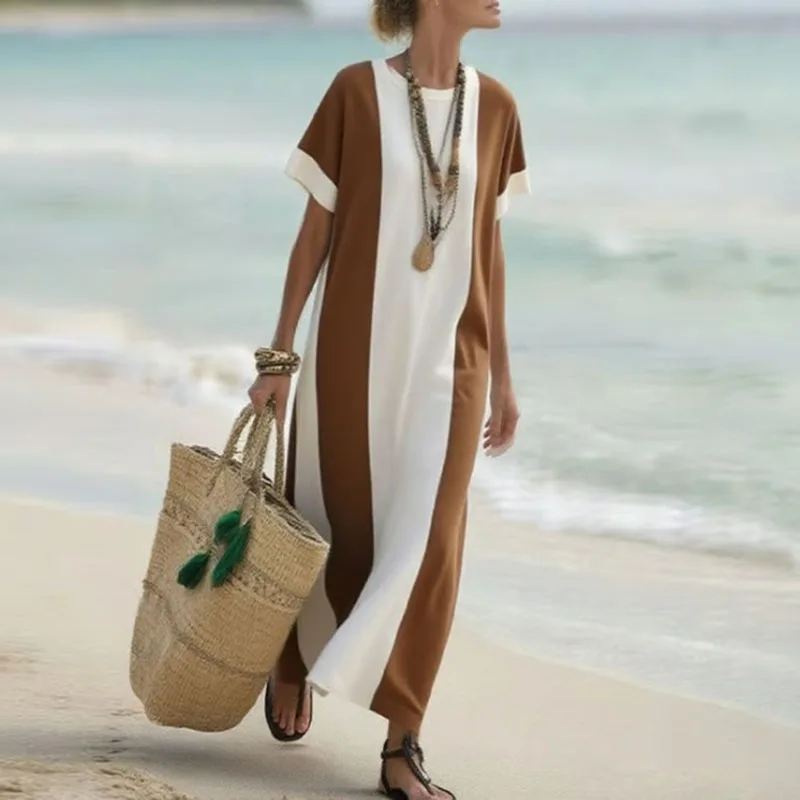 Abito da spiaggia per le vacanze elegante girocollo primaverile Abito da donna chic patchwork di colori a contrasto Abito lungo estivo a maniche corte con spacco Boho