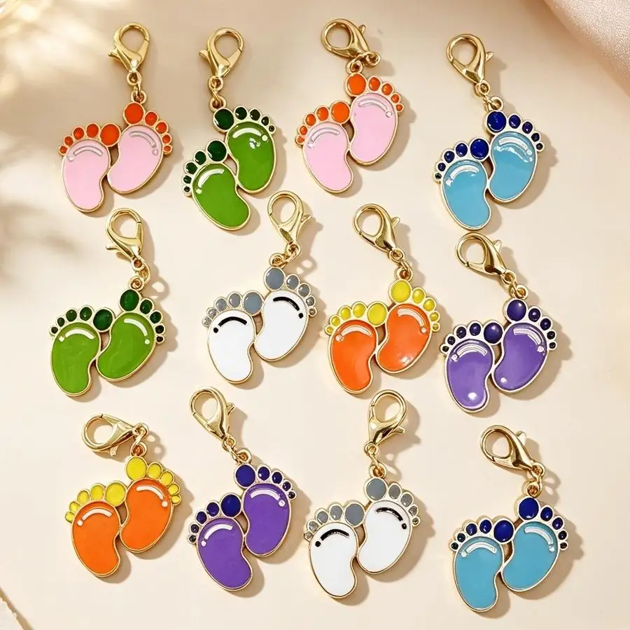 1/5/10/20/50/100pcs Set of 10/12 Keychains with Colorful Dripping Oil Footprints and Lobster Clasp Chain, Random Color, Ideal Bi