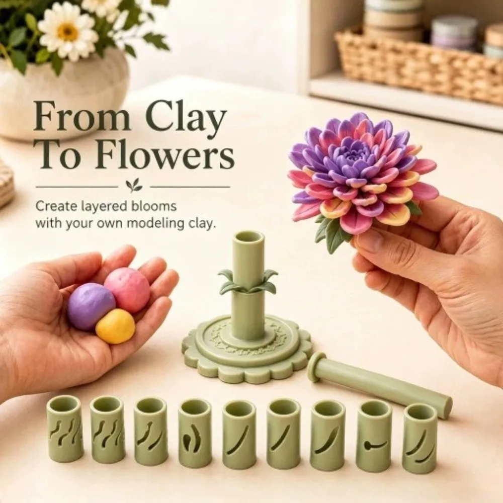 3D Printed Clay Flower Making Tool 9 Shaping Sleeves Multi-Cavity Clay Bloom Shaping Sleeves Easy-Press Hand DIY Petal Mold Set