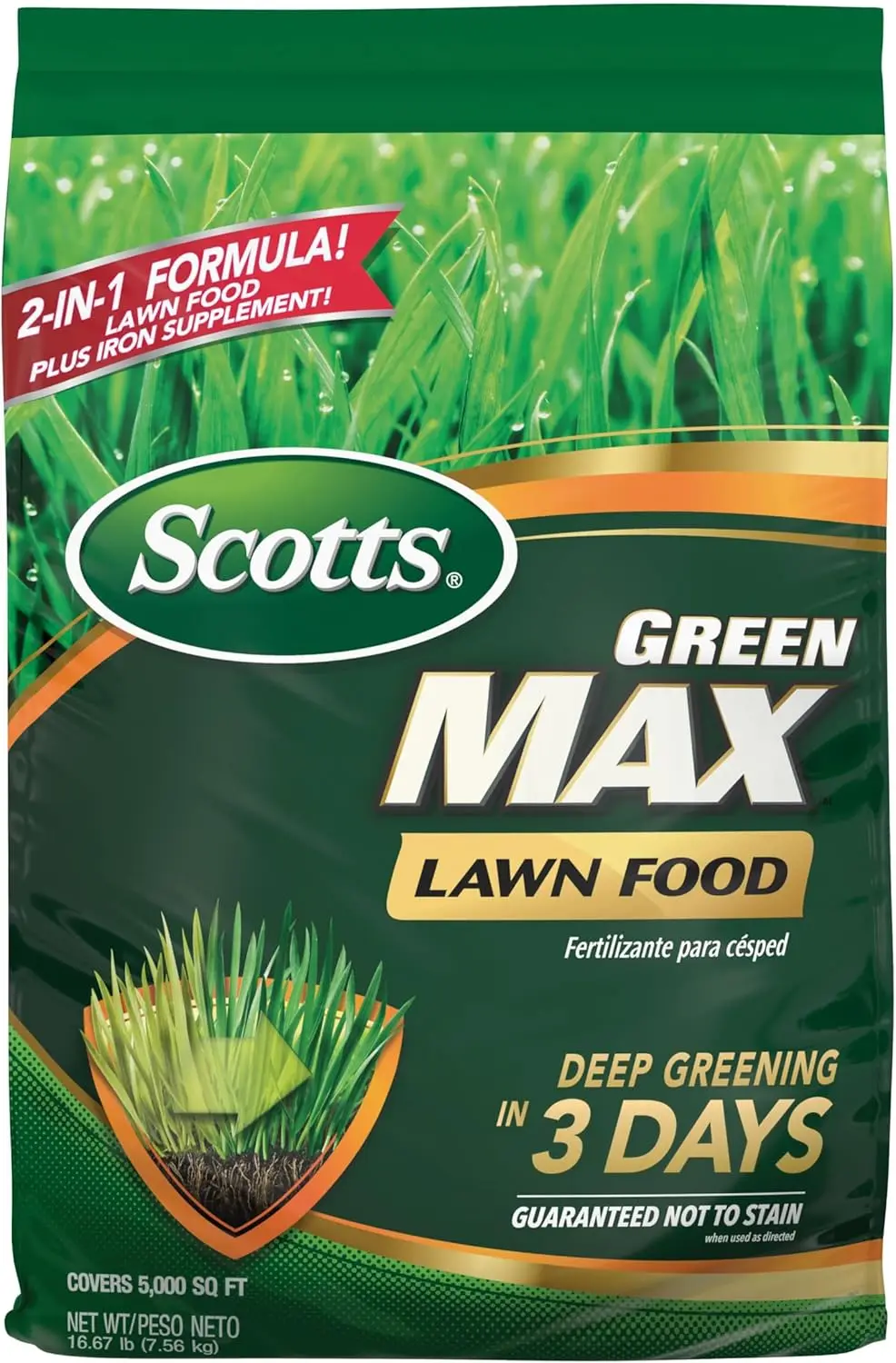 

Корм для газона Green Max, удобрение для газона плюс железная добавка для зеленой травы, 5000 кв. футов, 16,67 фунтов.