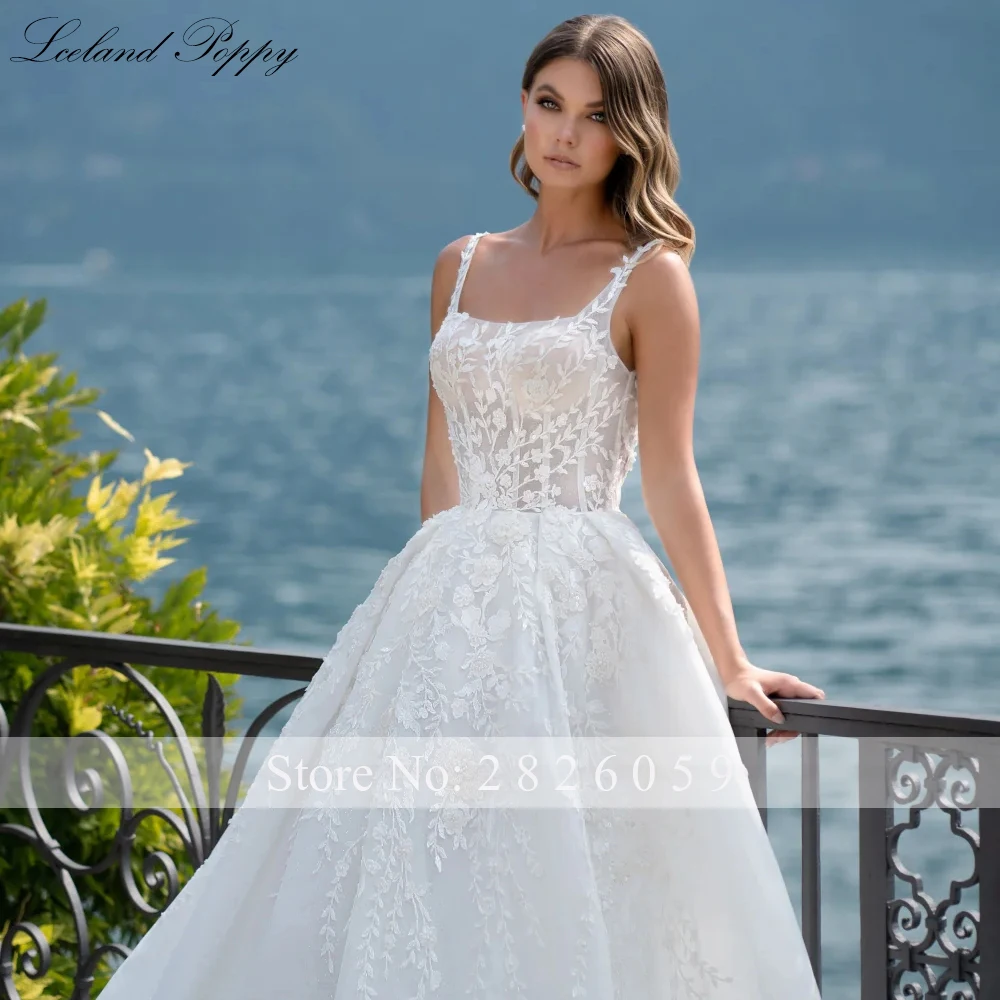 Lceland Poppy Square Neck A Line Backless Wedding Dresses Beaded Lace Appliques High Slit Bridal Gowns with Court Train