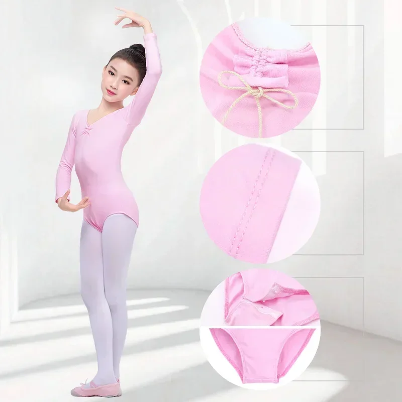 بدلة قطعة واحدة للأطفال من القطن الوردي بأكمام قصيرة/طويلة ملابس يوتار للفتيات ملابس رقص الباليه والجمباز