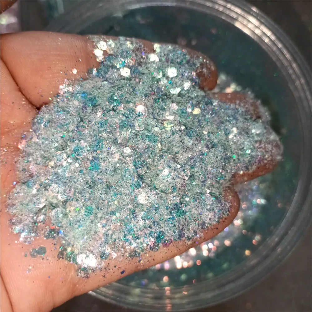 ผงกลิตเตอร์ผสมสีรุ้ง 50 กรัม/ถุง สำหรับตกแต่งเล็บ กลิตเตอร์วิ้งๆ แบบเมอร์เมด โฮโลแกรม ผงกลิตเตอร์แบบเป็นก้อน