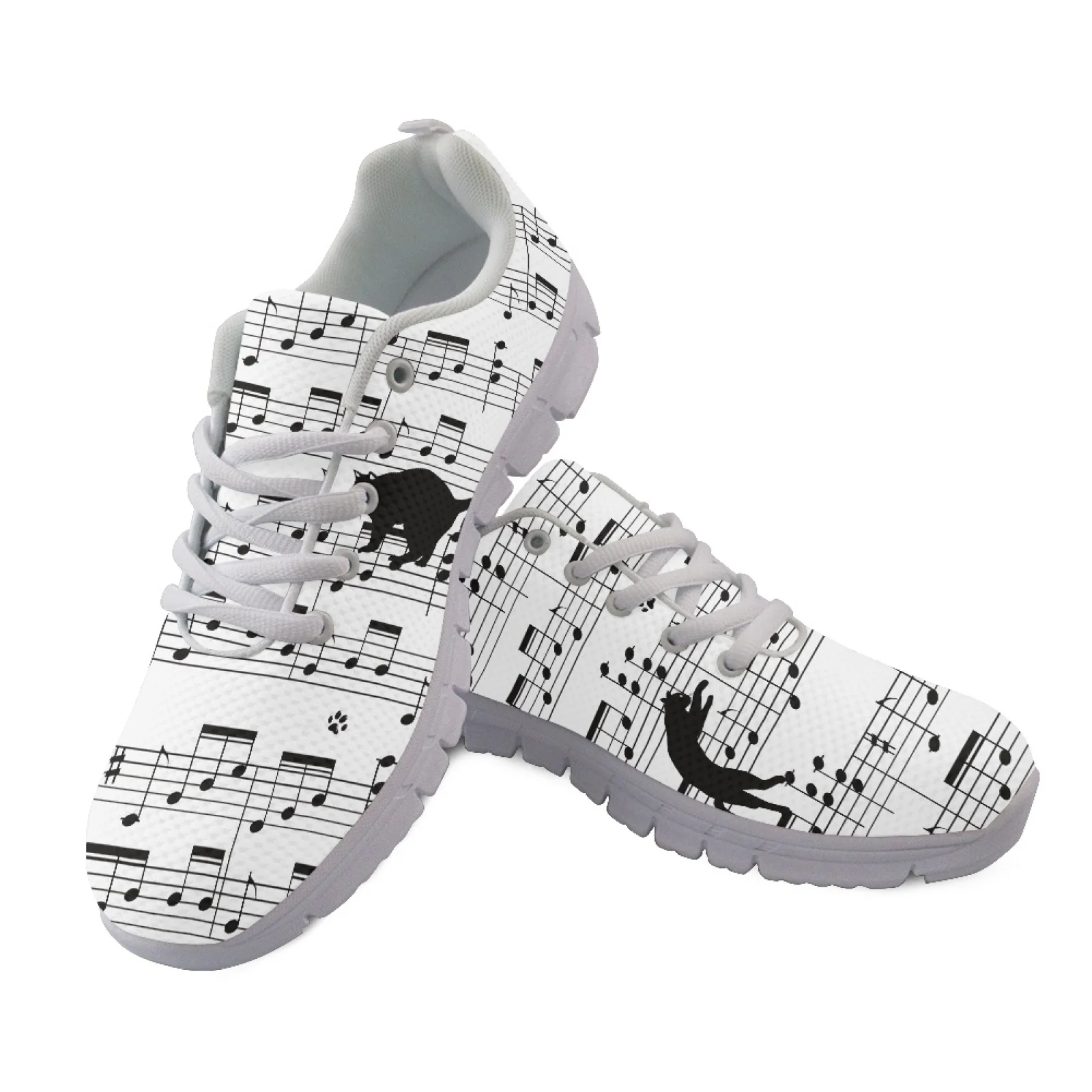 Coloranimal Black Cat Music Notation Lace-up Athletic Sport Shoes Women Running Walking Shoes Sports Trainers for Womens Ladies