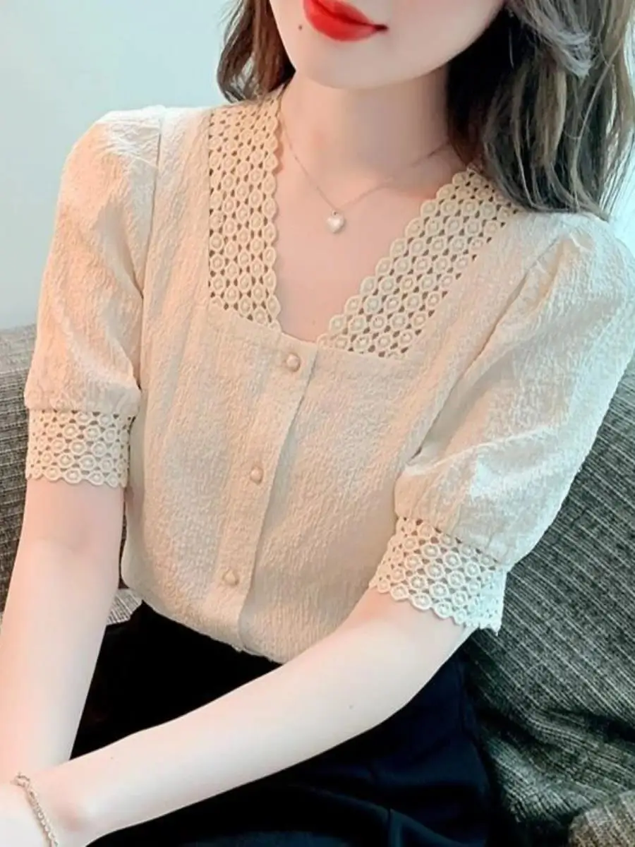 2026-summer-hollow-out-lace-trim-v-neck-design-lightweight-short-sleeve-sun-protection-face-veil-mask-women's-shirt