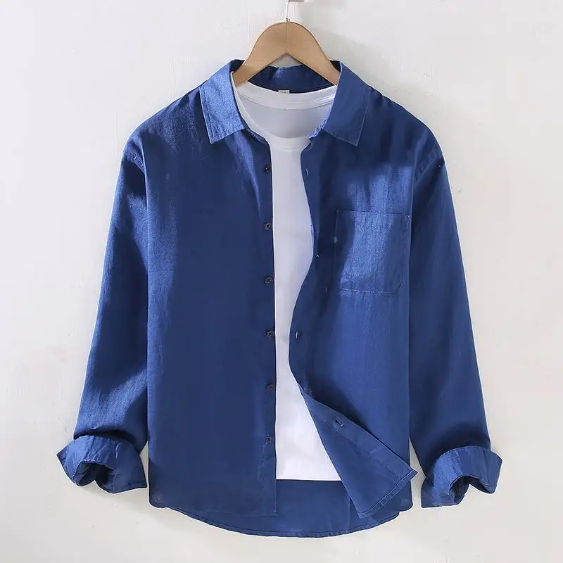High Quality 100% Linen Men Shirt Spring Autumn Vintage Solid Color Casual Long Sleeve Shirts Homme Blouse Fashion Clothing Tops
