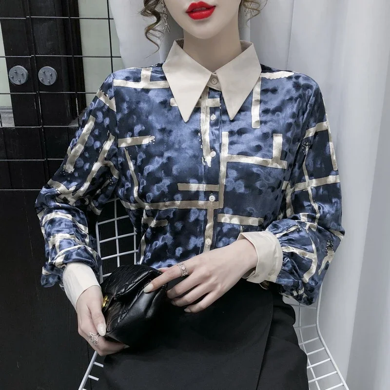 Women Elegant Button Up Shirt 2024 Autumn Winter Long Sleeve Office Chiffon Blouses French Y2k Printed Ladies Tops Camisas Mujer