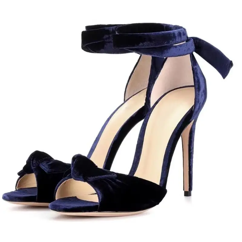 Sandalias de tacón alto con nudo de pajarita de terciopelo, punta abierta con cordones, correa en el tobillo, tacones finos, zapatos de verano, tacones de gladiador huecos en rosa y azul