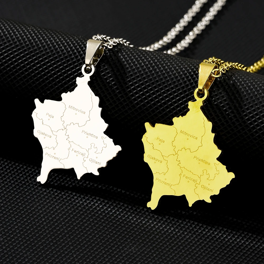 US EU Hot Sale Stainless Steel Kosovo Map City Name Pendant Necklace Unisex Couple Ethnic Style Patriotic Jewelry 2025 Trendy