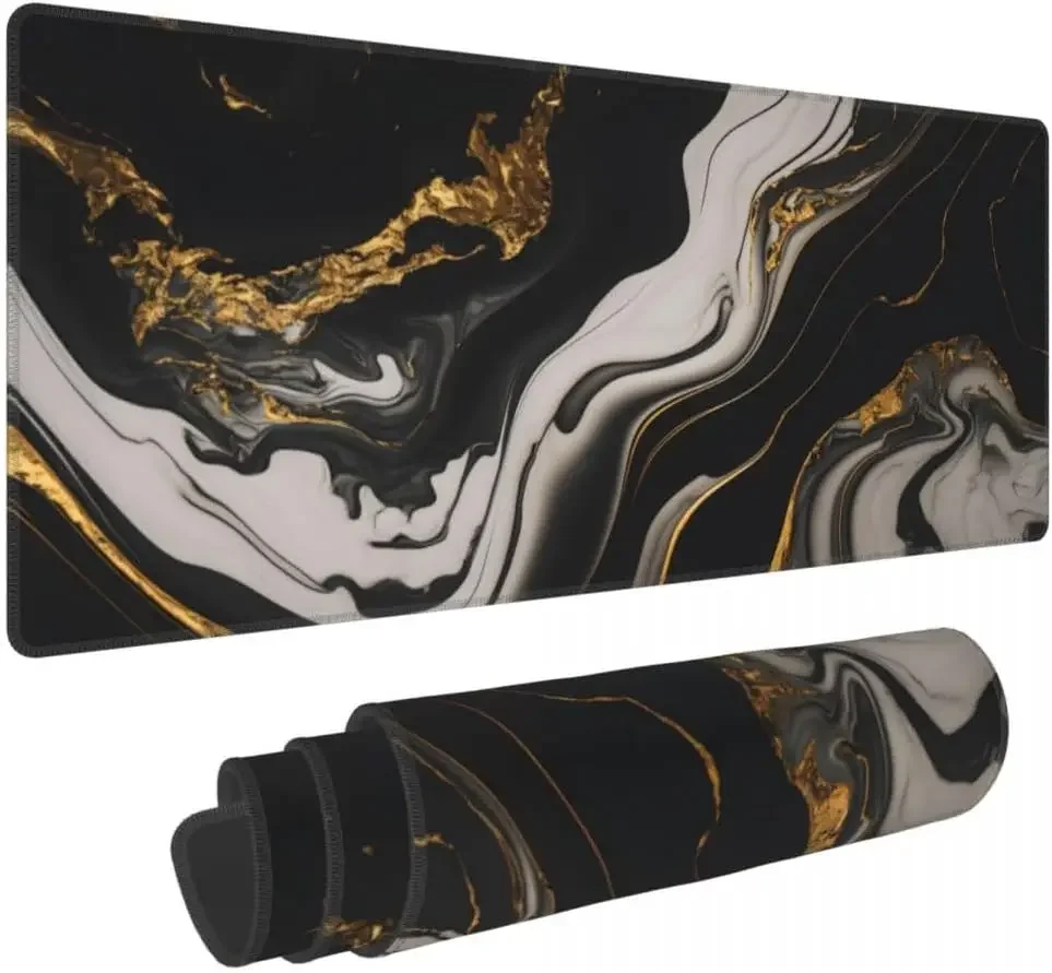 Fluid Gold Marble Mouse Pad, Modern Black White Swirl Vein Pattern Non Slip Desk Mat for Gamers Office Home Keyboard Desktop