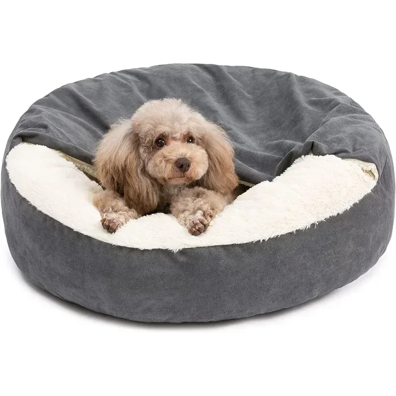 Round Pet Bed for Dog and Cat Semi-Closed Winter Warm Plush Sleeping Mat Fluffy Anti-anxiety Puppy Cuddle Bed