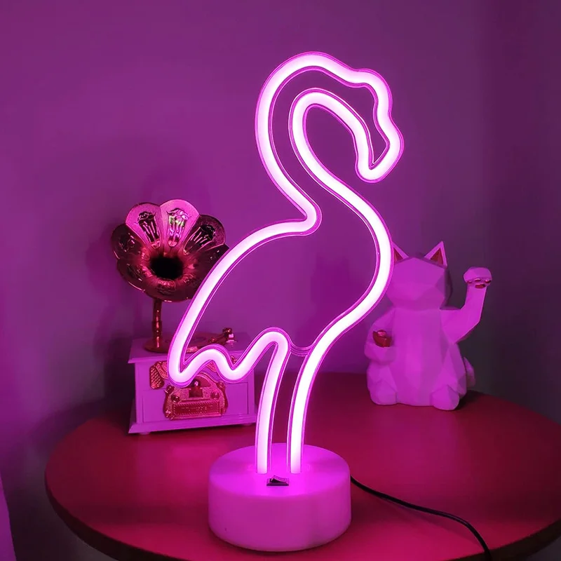 

Светодиодная неоновая вывеска с фламинго с основанием — ночник с питанием от USB и батареи, прикроватная настольная лампа для спальни, гостиной, USB-гаджеты