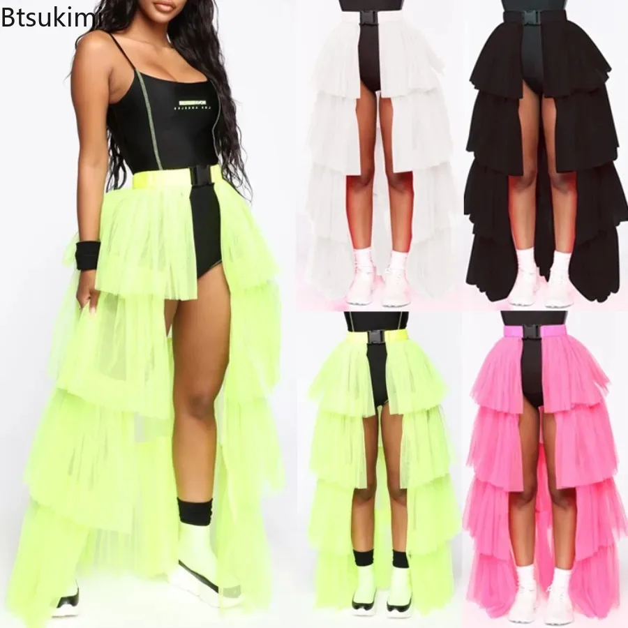 2026 Women's Party Vacation Long Skirts Sexy Mesh Splicing Sheer Tulle Skirts Fluffy A-Line Swing Skirt Fashion Women Streetwear