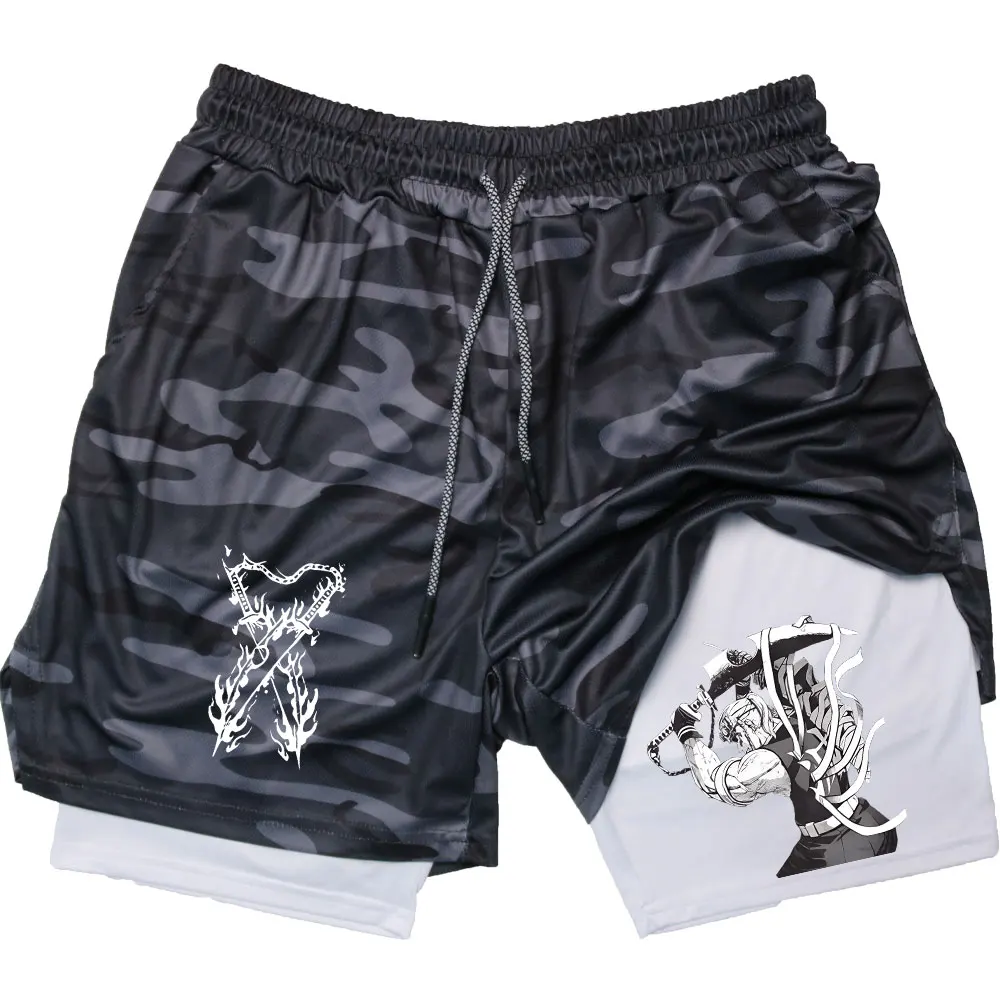 Men Performance Shorts Anime Demon Slayer Gym Shorts Summer Sports Fitness Workout Jogging Running Uzui Tengen Print Short Pants