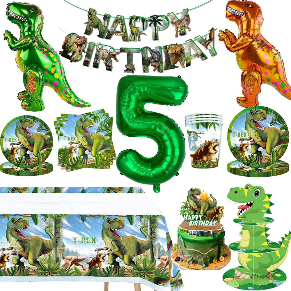 Decoración de Fiesta de Dinosaurios Jurásicos, Vajilla Desechable, Platos, Vasos, Servilletas, Globo con el Número 5 para Cumpleaños, Globo de Dinosaurio Inflable para Niño, Regalo