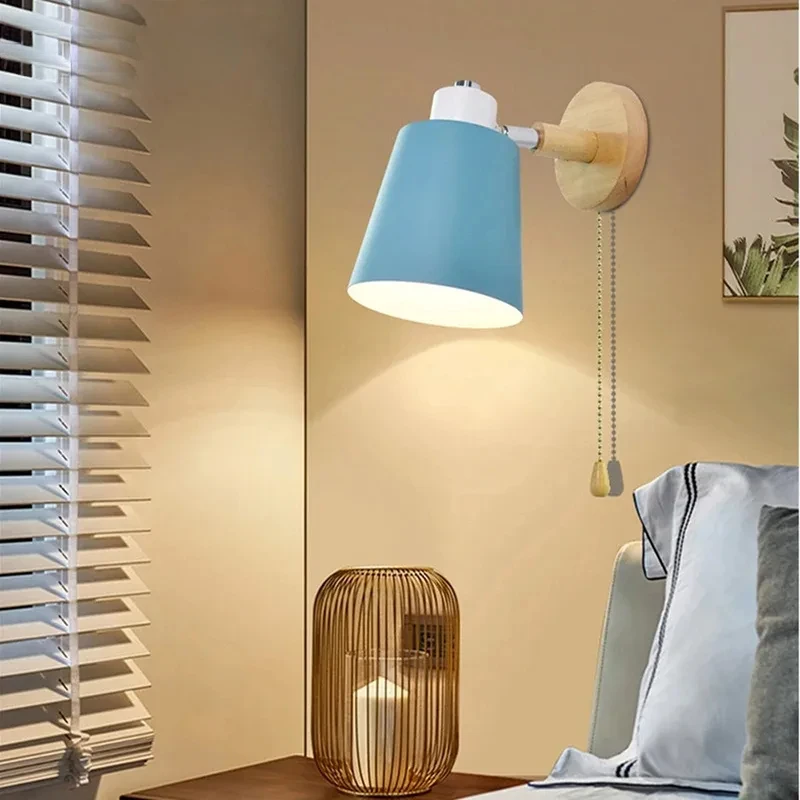 

Modern Wall Lamps Wooden LED Color Indoor Lighting DecorativeBedside Lamp E27 Wall Decor Nordic Bedroom LivingRoom Macaron Light