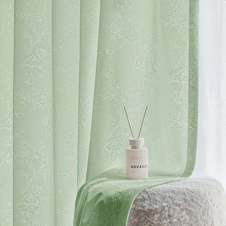 Green Floral Jacquard Sheer Curtains 84 Inches Long 2 Panels for Living Room Bedroom Semi Lace Flower Privacy Light Filtering N