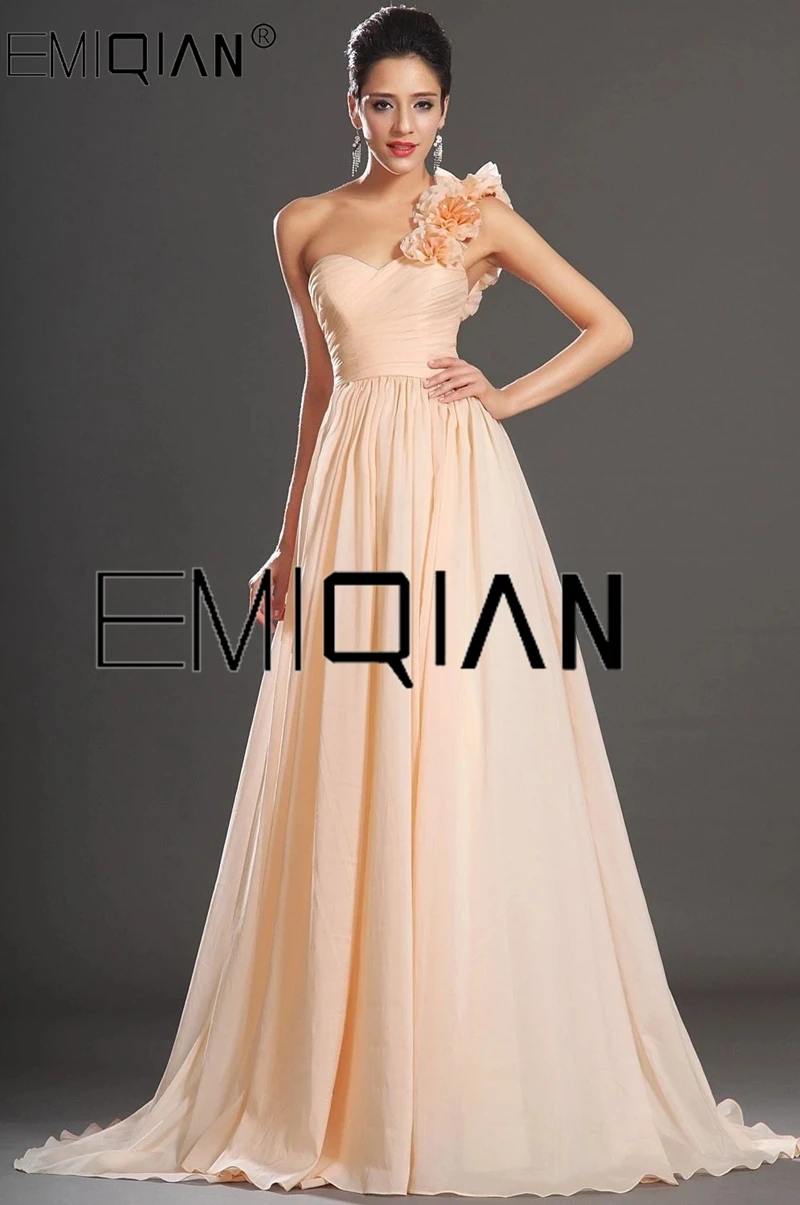 New Amazing One Shoulder Floor Length Chiffon Bridesmaid Dress with Handmade Flowers Prom Dresses