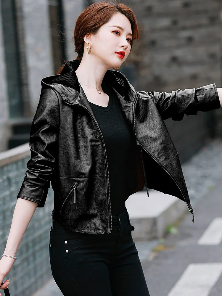 Leather Jacket Women Real Clothes High-end Top Layer Sheepskin Korean Jackets Woman Motorcycle Hooded Coats Jaqueta Feminina Sq