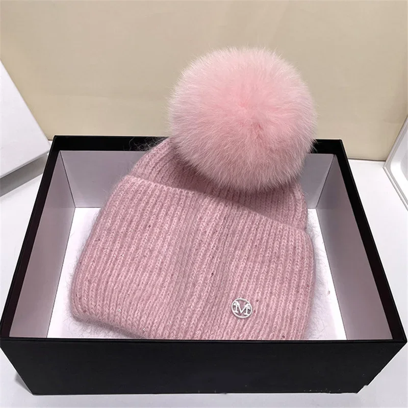 Real fox Fur Pom Poms Ball Skullies Beanies Keep Warm Winter Hat for Women Girls Wool Hat Outdoor Knitted Cap Thick Female Cap