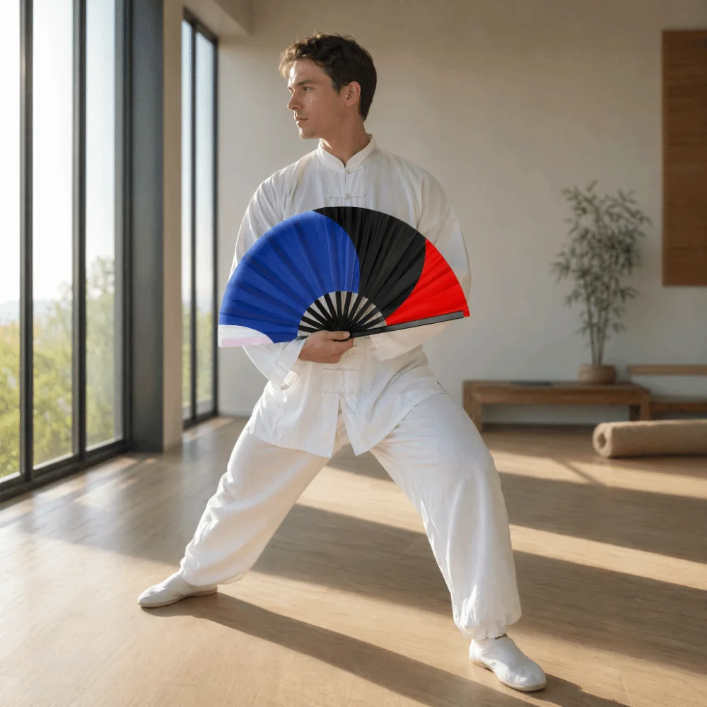 Double-Sided Tai Chi Fan Single Side Three Color Kung Fu Fan Smooth Opening Plastic Bone Performance Fan Children Use
