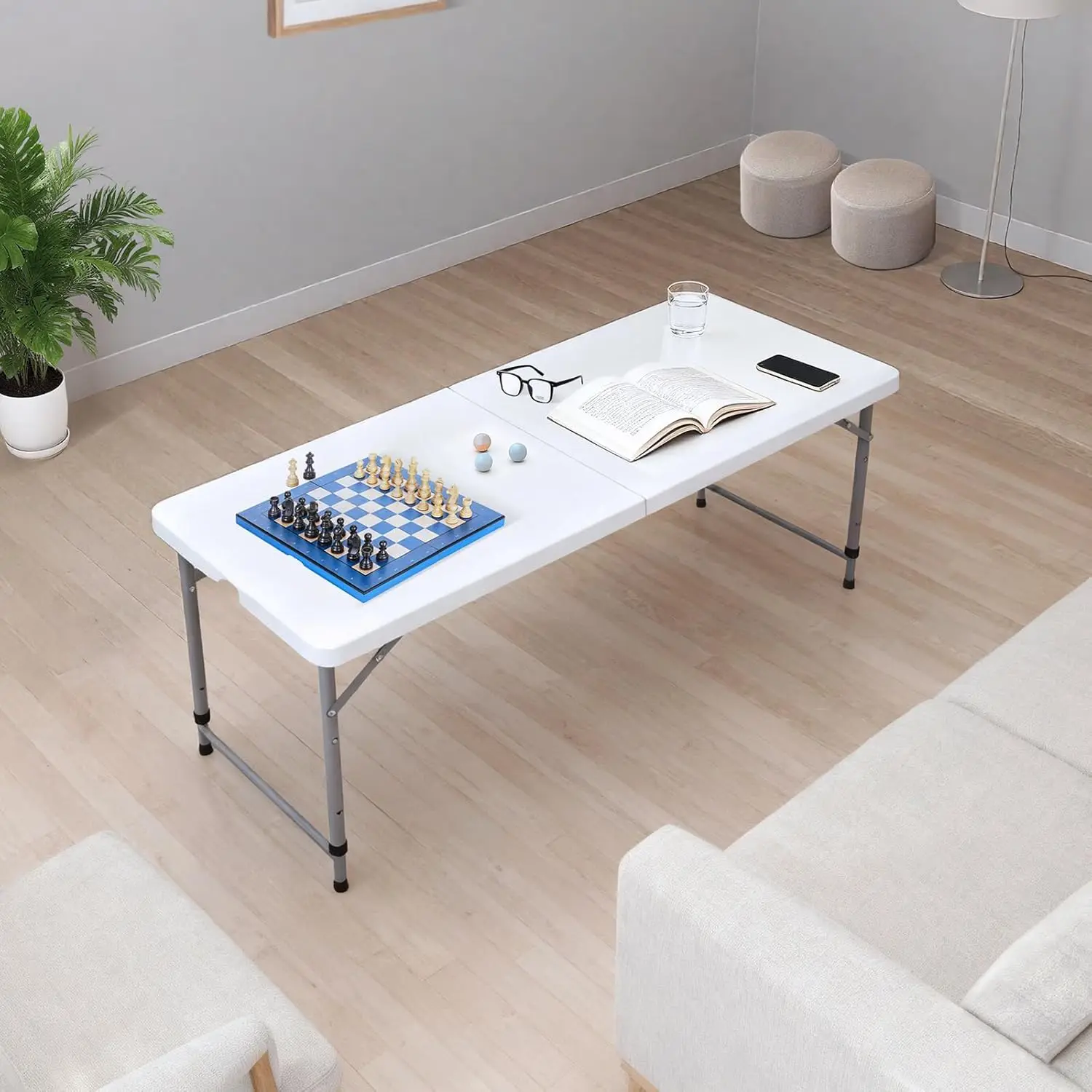 Folding Table 4-Foot Small Plastic Utility Table Portable,Thick Table Top Indoor and Outdoor Adjustable Height with HandleTable,