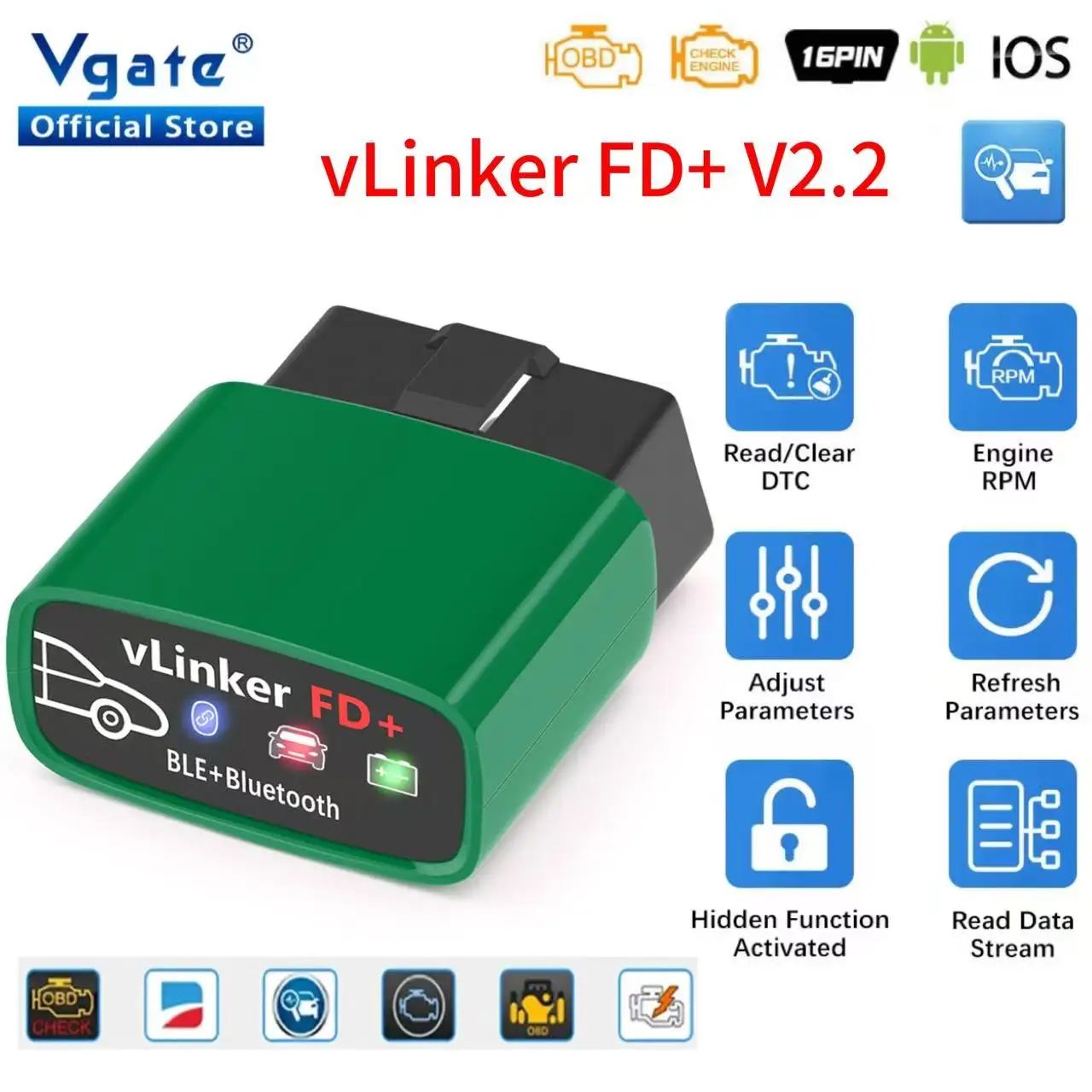 Vgate vLinker FD ELM327 FD+ BT4.0/ FD BT3.0 V2.2 FORScan OBD2 Scanner de Diagnóstico Automotivo J2534 Ferramenta para Ford ELM 327