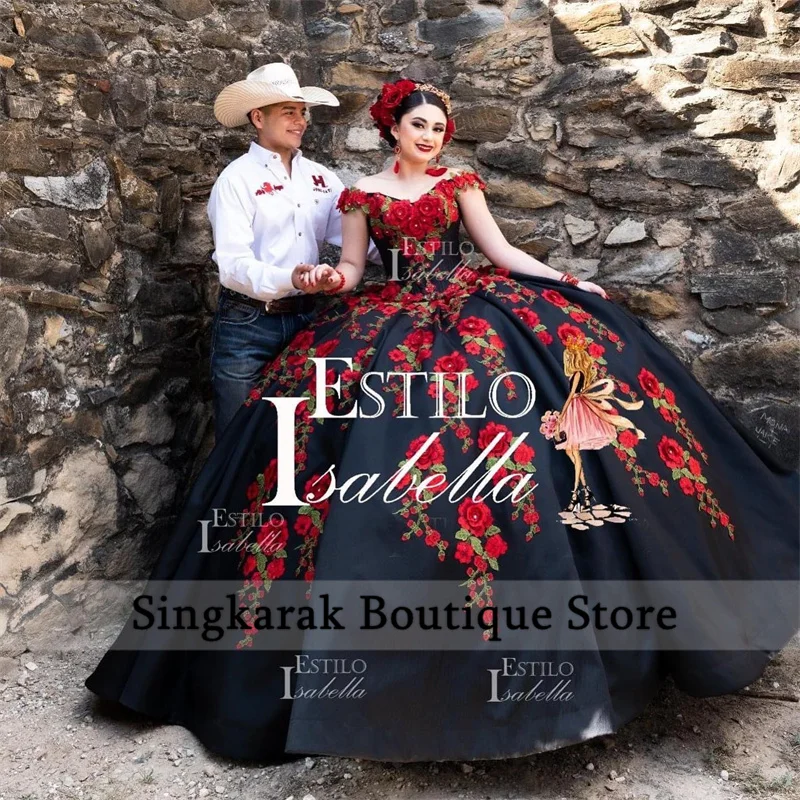 Mexican Black Ball Gown Quinceanera Dresses Sweet 16 Dress Flowers Embroidery Appliques Crystal Vestidos De 15  Customized