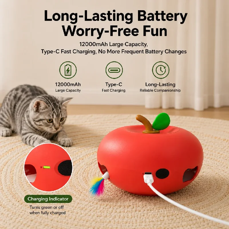 Apple Shape Interactive Cat Toy, Automatic Whack A Mole Kitten Toy with Moving Feather Tail, Rechargeable Electric Cat Teaser, A