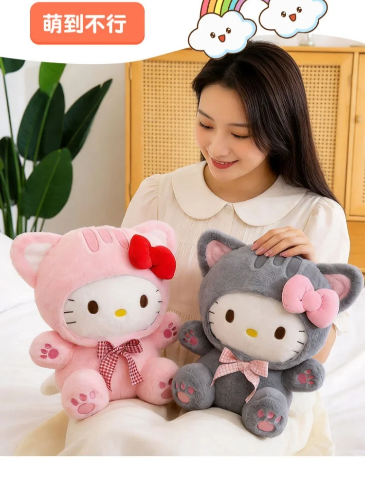 20/30/45/60CM Niedliche Graue Katze Hello Kitty Plüschpuppe mit Kariertem Schleifendesign KT Stofftier Weiches Kissen Heim- und Raumdekoration Geburtstagsgeschenk