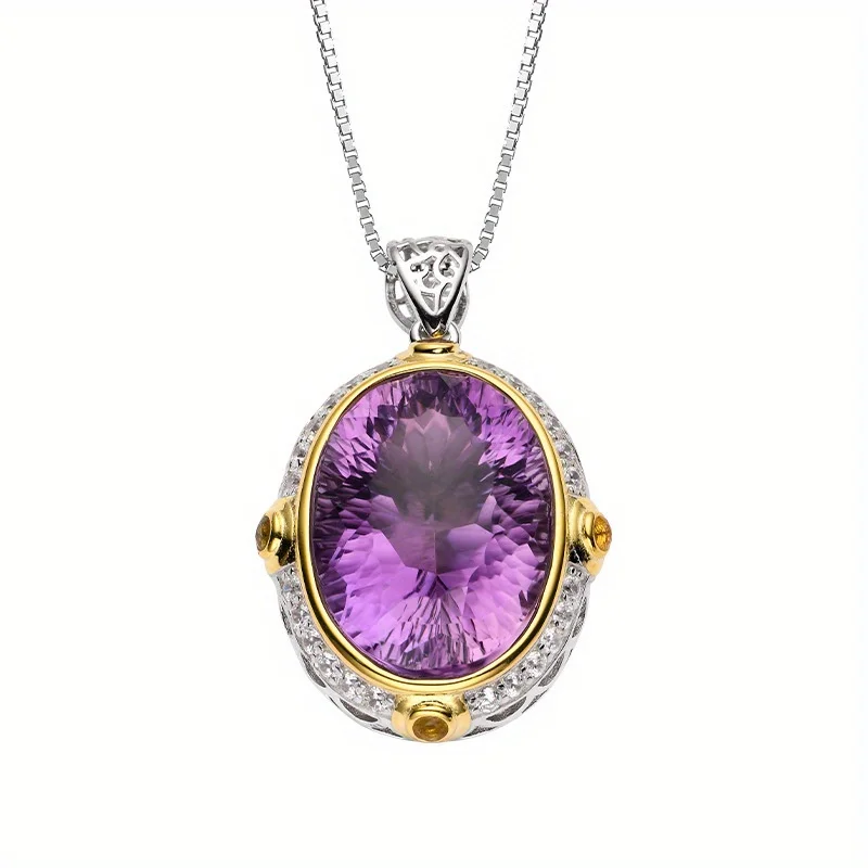 

Oval Amethyst Pendant Necklace - Unique and avant-garde design, S925 silver delicate collarbone chain