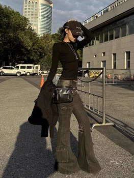REDDACHiC Black Low Waist Cargo Jeans 2000s Distressed Whiskers Multi-pocket Stretch Bootcut Pants Women Retro Grunge Streetwear 4