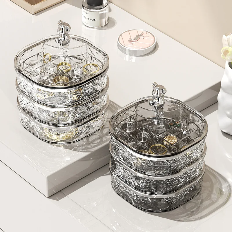 

Water Wave Pattern Rotating Large Capacity Compartment Jewelry Organizer Transparent Antioxidant Jewelry Storage Box