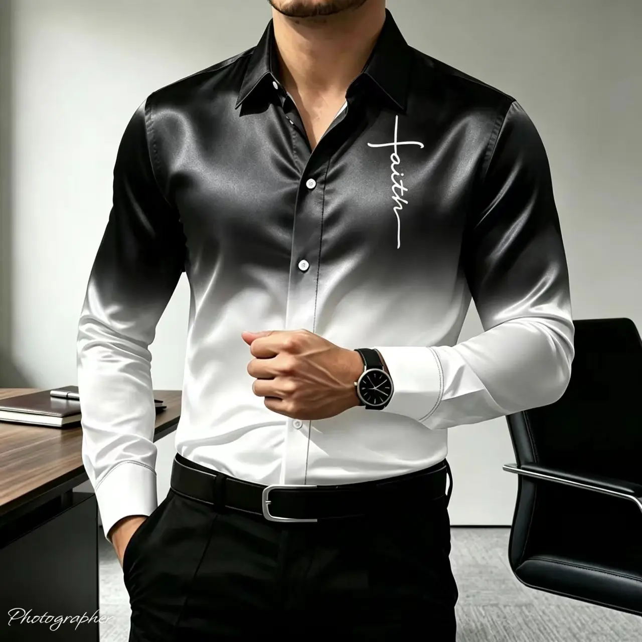 Men's Satin Silk Shirt Gradient Color Faith Letter Print Slim Fit Long Sleeved Button down Collar Business Casual Party Top