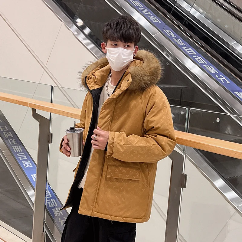 Casaco coreano Harajuku estampado com capuz masculino, Parka à prova de vento, grosso, quente, pele, solto, acolchoado, luxo, inverno, 2024